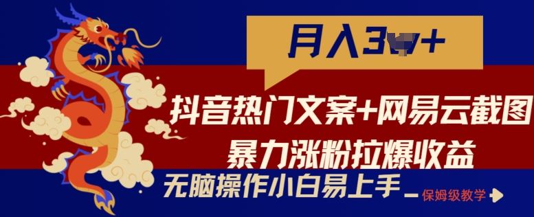 抖音热门文案+网易云截图暴力涨粉拉爆收益玩法,小白无脑操作,简单易上手【揭秘】-轻创社项目网
