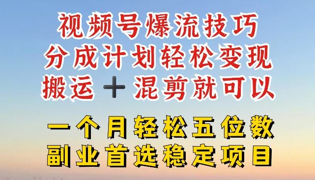 视频号爆流技巧,分成计划轻松变现,搬运 +混剪就可以,一个月轻松五位数稳定项目【揭秘】-轻创社项目网