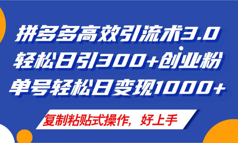 (11917期)拼多多店铺引流技术3.0,日引300+付费创业粉,单号轻松日变现1000+-轻创社项目网