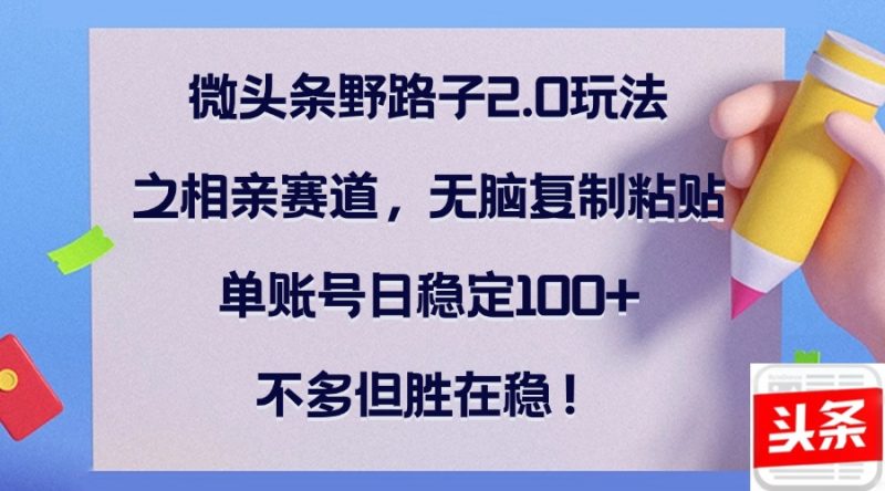 (12763期)微头条野路子2.0玩法之相亲赛道,无脑复制粘贴,单账号日稳定100+,不…-轻创社项目网