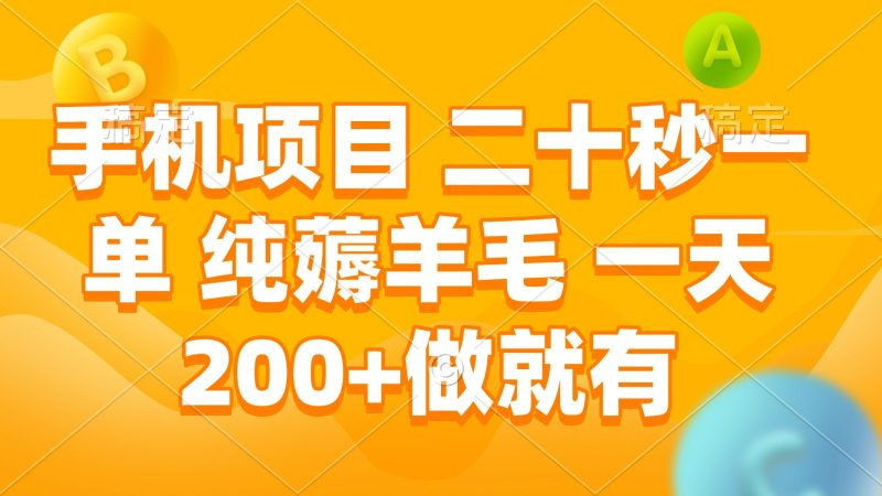 手机项目 二十秒一单 纯薅羊毛 一天200+做就有-轻创社项目网