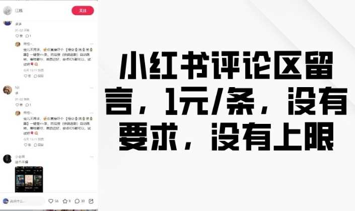 小红书评论区留言,1元条,没有要求,没有上限-轻创社项目网