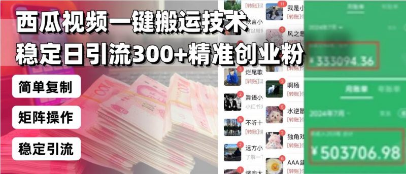 (13961期)西瓜视频一键搬运技术,稳定日引流300+精准创业粉,简单可复制给团队,…-轻创社项目网