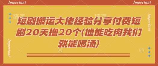 短剧搬运大佬经验分享付费短剧20天撸20个(他能吃肉我们就能喝汤)-轻创社项目网