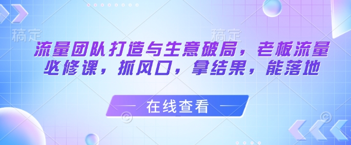 流量团队打造与生意破局,老板流量必修课,抓风口,拿结果,能落地-轻创社项目网