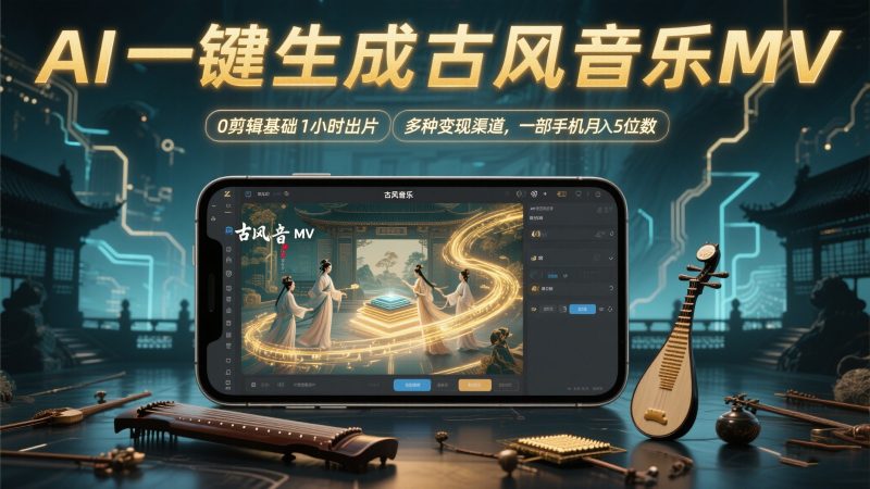 AI一键生成古风音乐MV,0剪辑基础1小时出片,多种变现渠道,一部手机月入5位数-轻创社项目网