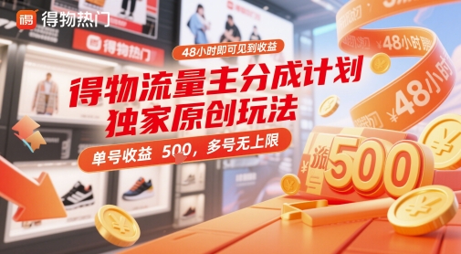 得物流量主分成计划独家原创玩法,48小时即可见到收益,单号收益5张,多号无上限【揭秘】-轻创社项目网