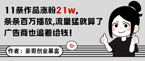 11条作品涨粉21W,条条百W播放,流量猛就算了,广告商也追着给钱-轻创社项目网