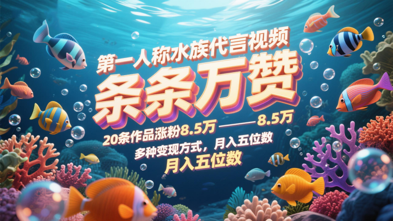 第一人称水族代言视频,条条万赞,20条作品涨粉8.5万,多种变现方式月,入五位数-轻创社项目网