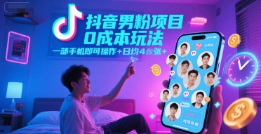 抖音男粉项目0成本玩法,一部手机即可操作,日均4张+,时间自由-轻创社项目网