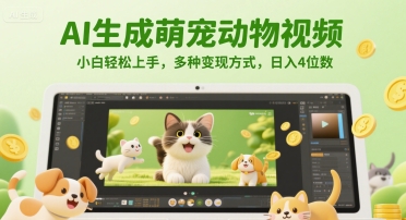 AI生成萌宠动物视频,小白轻松上手,多种变现方式,日入4位数-轻创社项目网