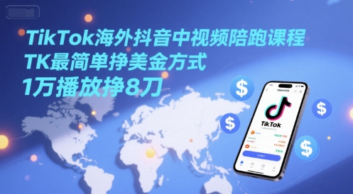 TikTok海外抖音中视频陪跑课程,TK最简单挣美金方式,1万播放挣8刀-轻创社项目网