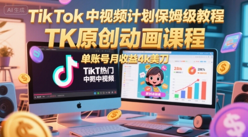 TikTok中视频计划保姆级教程,TK原创动画课程,单账号月收益4k美刀-轻创社项目网
