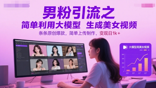 男粉引流之简单利用大模型生成美女视频,条条原创爆款,简单上传制作,变现日1k+-轻创社项目网