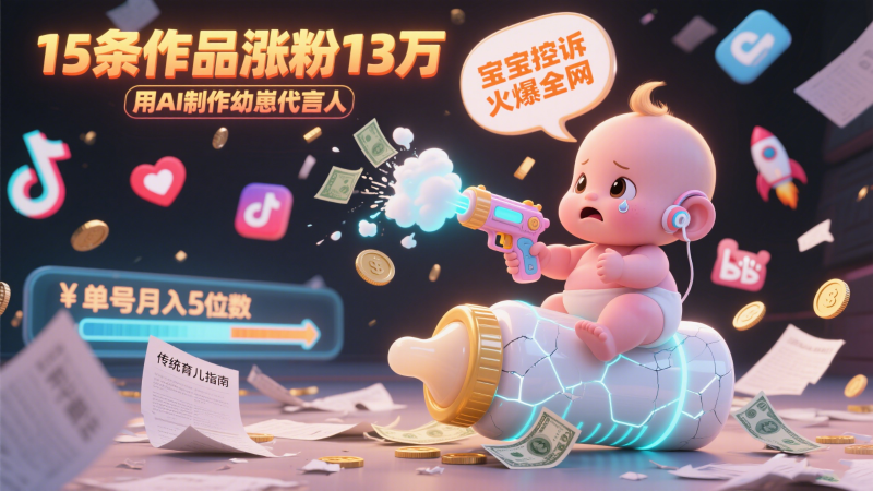用AI制作幼崽代言人，宝宝的控诉火爆全网，15条作品涨粉13万，单号月入5位数实操教程-轻创社项目网