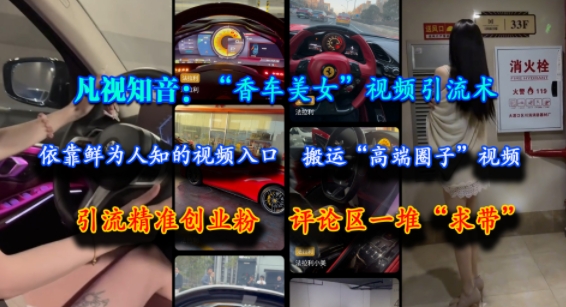 凡视知音:“香车美女”视频引流术,依靠鲜为人知的视频入口,搬运“高端圈子”视频,引流精准创业粉,评论区一堆“求带”-轻创社项目网