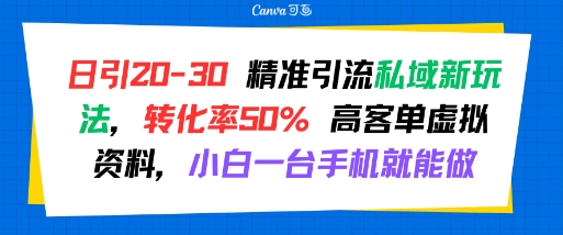 日引 20-30 精准引流私域新玩法,转化率50% 高客单虚拟资料,小白一台手机就能做-轻创社项目网