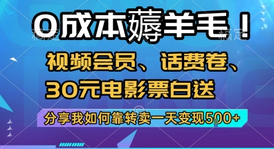 0成本薅羊毛!视频会员、话费卷、30元电影票白送,分享我如何靠转卖一天变现5张+【揭秘】-轻创社项目网
