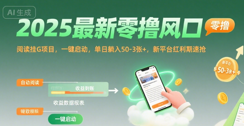 2025最新零撸风口,阅读挂G项目,一键启动,单日躺入 50-3张+,新平台红利期速抢【揭秘】-轻创社项目网