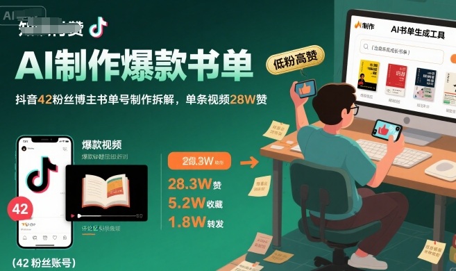 AI制作爆款书单,抖音42粉丝博主书单号制作拆解,单条视频28W赞-轻创社项目网