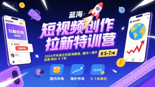 短视频创作拉新特训营,2025开年真正的蓝海赛道,国内+海外,拉新单价5-7米-轻创社项目网