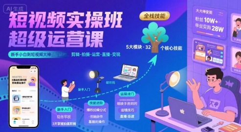 短视频实操班超级运营课,新手小白到短视频大神必修课程,剪辑-拍摄-运营-直播-变现-轻创社项目网