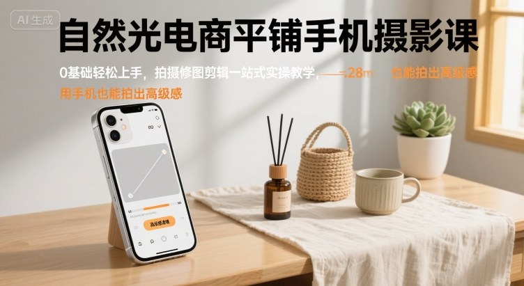 自然光电商平铺手机摄影课,0基础轻松上手,拍摄修图剪辑一站式实操教学,用手机也能拍出高级感-轻创社项目网