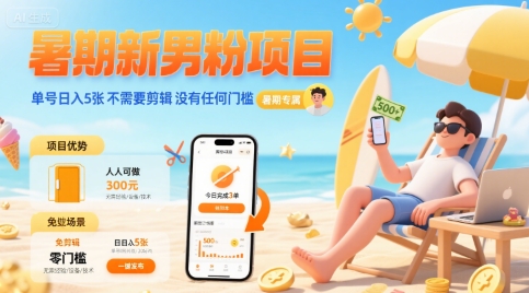 暑期新男粉项目 单号日入5张?不需要剪辑 ?没有任何门槛-轻创社项目网