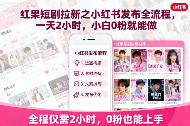 红果短剧拉新之小红书发布全流程,一天2小时,小白0粉就能做-轻创社项目网