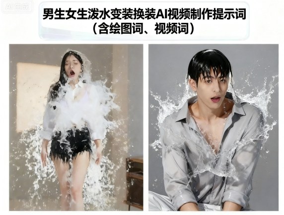 男生女生泼水变装换装AI视频制作提示词(含绘图词、视频词)-轻创社项目网