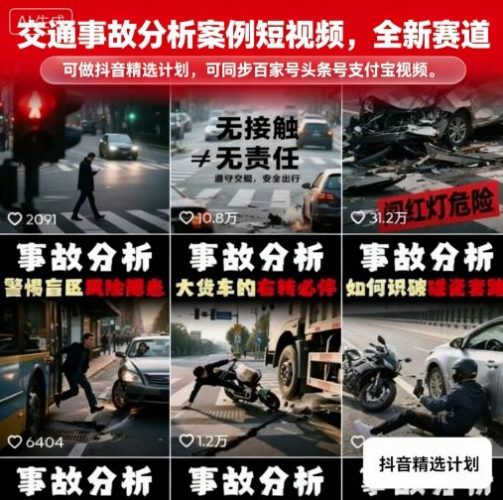 交通事故分析案例短视频,全新赛道,可做抖音精选计划,可同步百家号头条号支付宝视频号平台-轻创社项目网