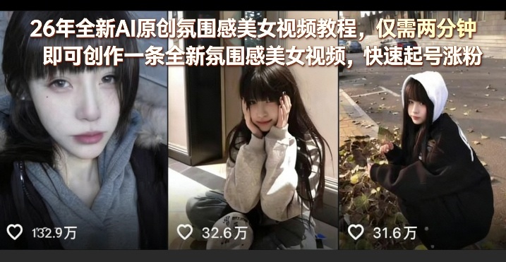 26年全新AI原创氛围感美女视频教程,仅需两分钟即可创作一条全新氛围感美女视频,快速起号涨粉-轻创社项目网