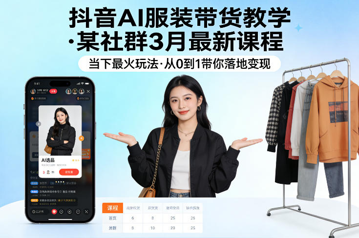 抖音AI服装带货教学,某社群3月最新课程,当下最火玩法,从0到1带你落地变现-轻创社项目网