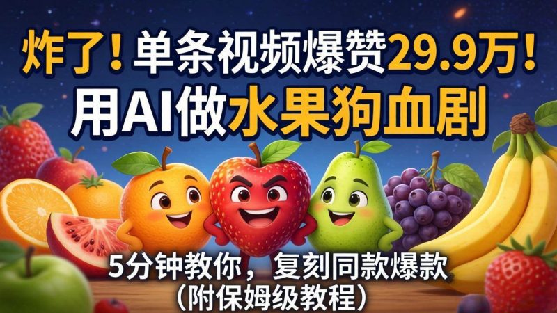 （18206期）炸了！单条视频爆赞 29.9 万！用 AI 做水果狗血剧，5 分钟教你，复刻同款爆款（附保姆级教程）-轻创社项目网