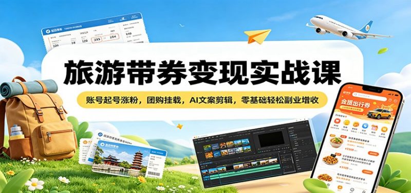 旅游带券变现实战课:账号起号涨粉,团购挂载,AI文案剪辑,零基础轻松副业增收-轻创社项目网