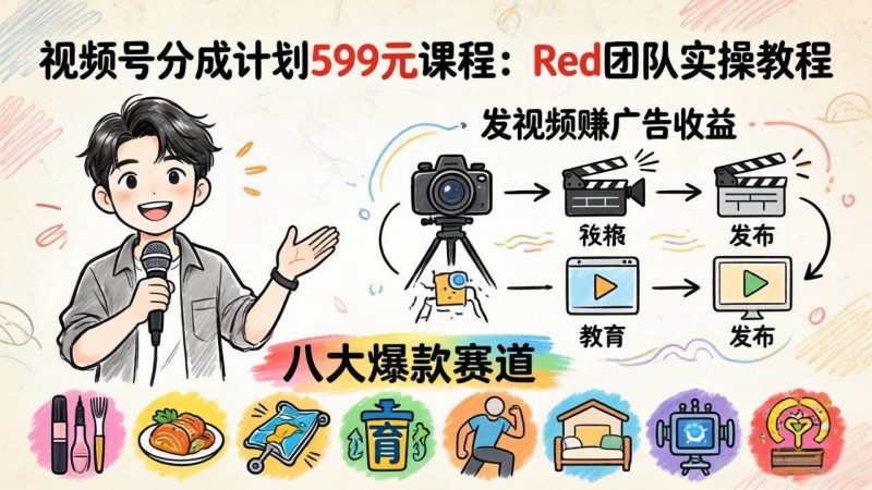 (18088期)视频号分成计划599元课程:Red团队实操教程,发视频赚广告收益,八大爆款赛道全掌握-轻创社项目网