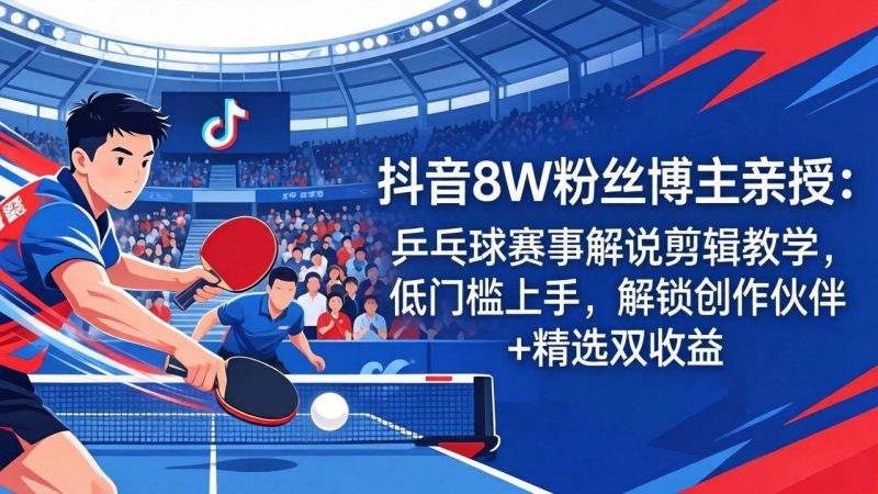 (18069期)抖音8W粉丝博主亲授:乒乓球赛事解说剪辑教学,低门槛上手,解锁创作伙伴+精选双收益-轻创社项目网