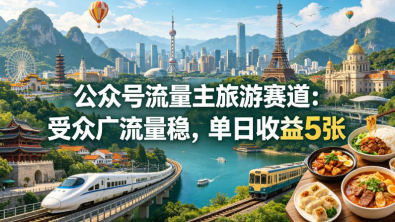 公众号流量主之旅游赛道,受众广+流量稳,平均单日收益5张+-轻创社项目网