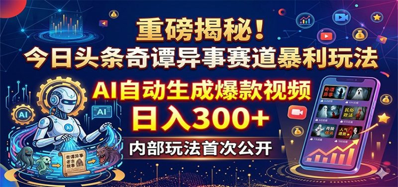 重磅揭秘！今日头条奇谭异事赛道暴利玩法：AI自动生成爆款视频，日入300+-轻创社项目网