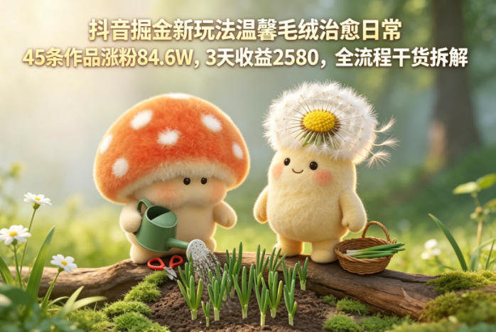 抖音掘金新玩法温馨毛绒治愈日常，45条作品涨粉84.6W，3天收益2580，全流程干货拆解-轻创社项目网