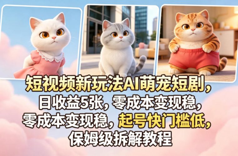 短视频新玩法AI萌宠短剧,日收益5张,零成本变现稳,起号快门槛低,保姆级拆解教程-轻创社项目网