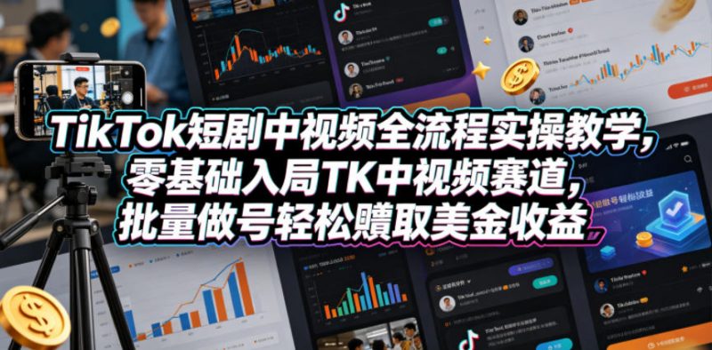 TikTok短剧中视频全流程实操教学，零基础入局TK中视频赛道，批量做号轻松賺取美金收益-轻创社项目网