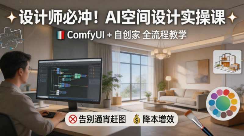 设计师必冲!AI空间设计实操课,ComfyUI+自创家全教学,告别通宵赶图,降本增效-轻创社项目网