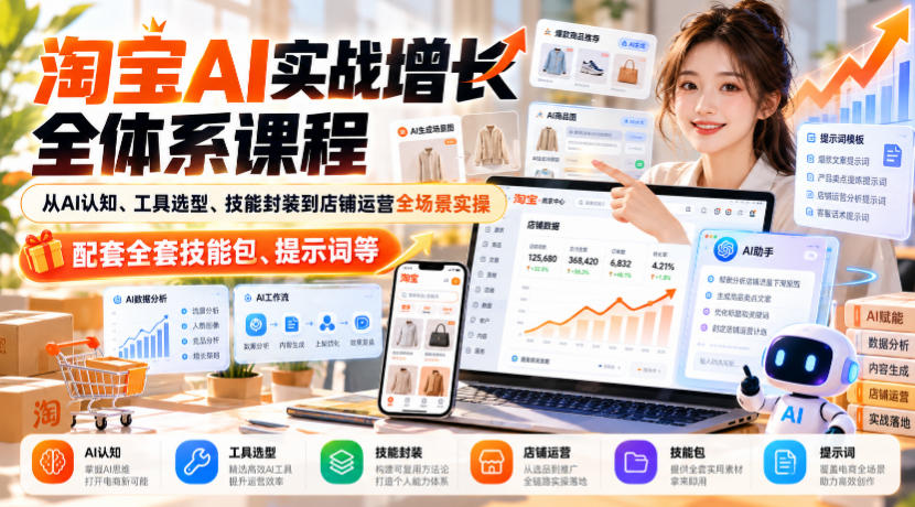 淘宝AI实战增长全体系课程，从AI认知、工具选型、技能封装到店铺运营全场景实操，配套全套技能包、提示词等-轻创社项目网