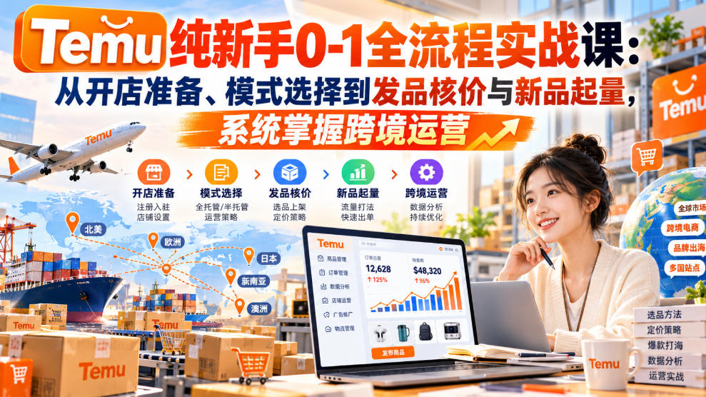 【无水印】Temu纯新手0-1全流程实战课:从开店准备、模式选择到发品核价与新品起量,系统掌握跨境运营-轻创社项目网