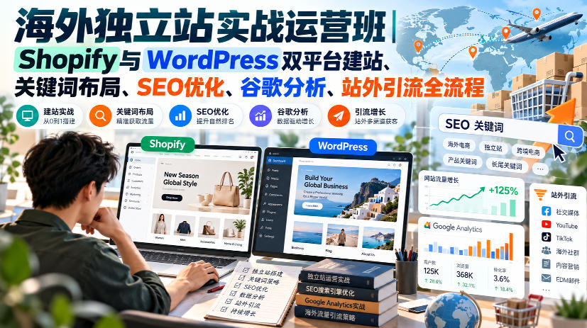 海外独立站实战运营班|Shopify与WordPress双平台建站、关键词布局、SEO优化、谷歌分析、站外引流全流程-轻创社项目网
