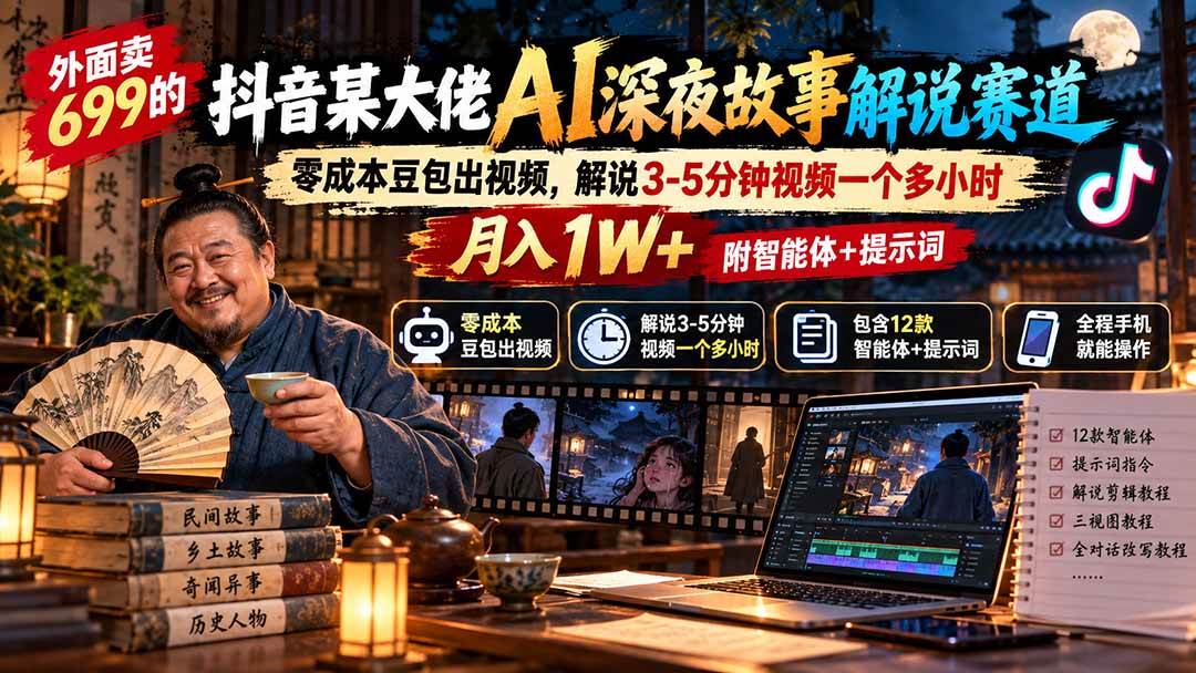 (20648期)外面卖699的抖音某大佬AI深夜故事解说赛道:零成本豆包出视频,解说3-5分钟视频一个多小时,月入1W+附智能体+提示词-轻创社项目网
