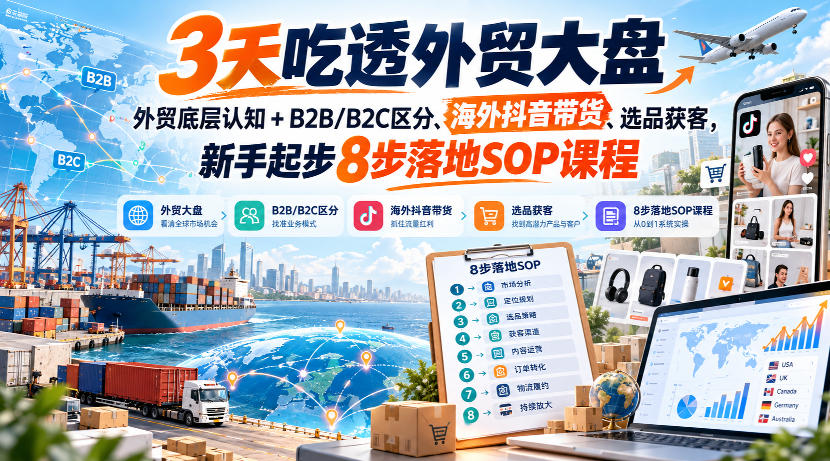 3天吃透外贸大盘,外贸底层认知+B2B/B2C区分、海外抖音带货、选品获客,新手起步8步落地SOP课程-轻创社项目网