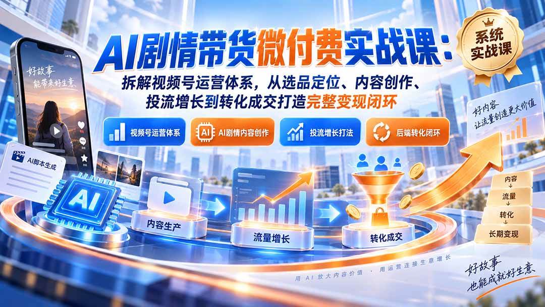 (20611期)AI剧情带货微付费实战课:拆解视频号运营体系,从选品定位、内容创作、投流增长到转化成交打造完整变现闭环-轻创社项目网