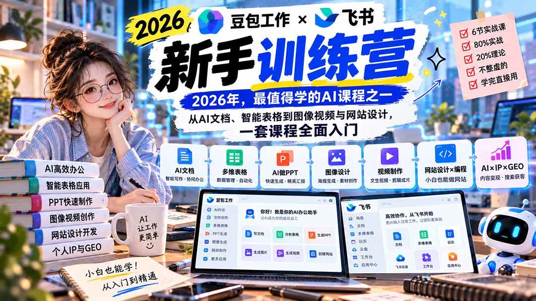 (20645期)2026豆包工作+飞书新手训练营-9月新课:从AI文档、智能表格到图像视频与网站设计,一套课程全面入门-轻创社项目网